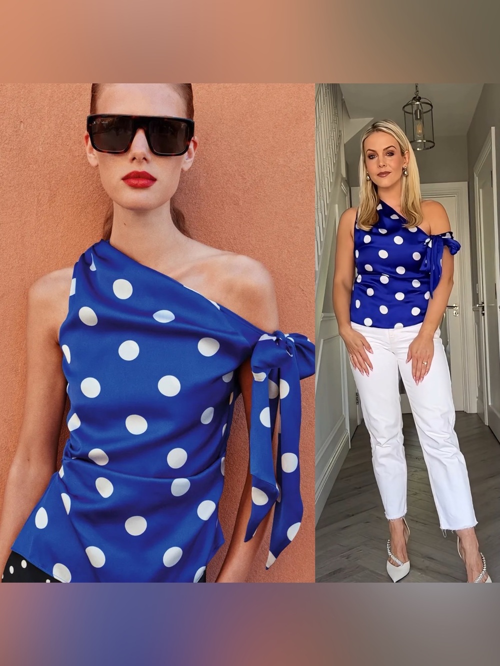 Zara Blue & White Polka Dot Bow Top One-Shoulder Tie Top size XS NWT